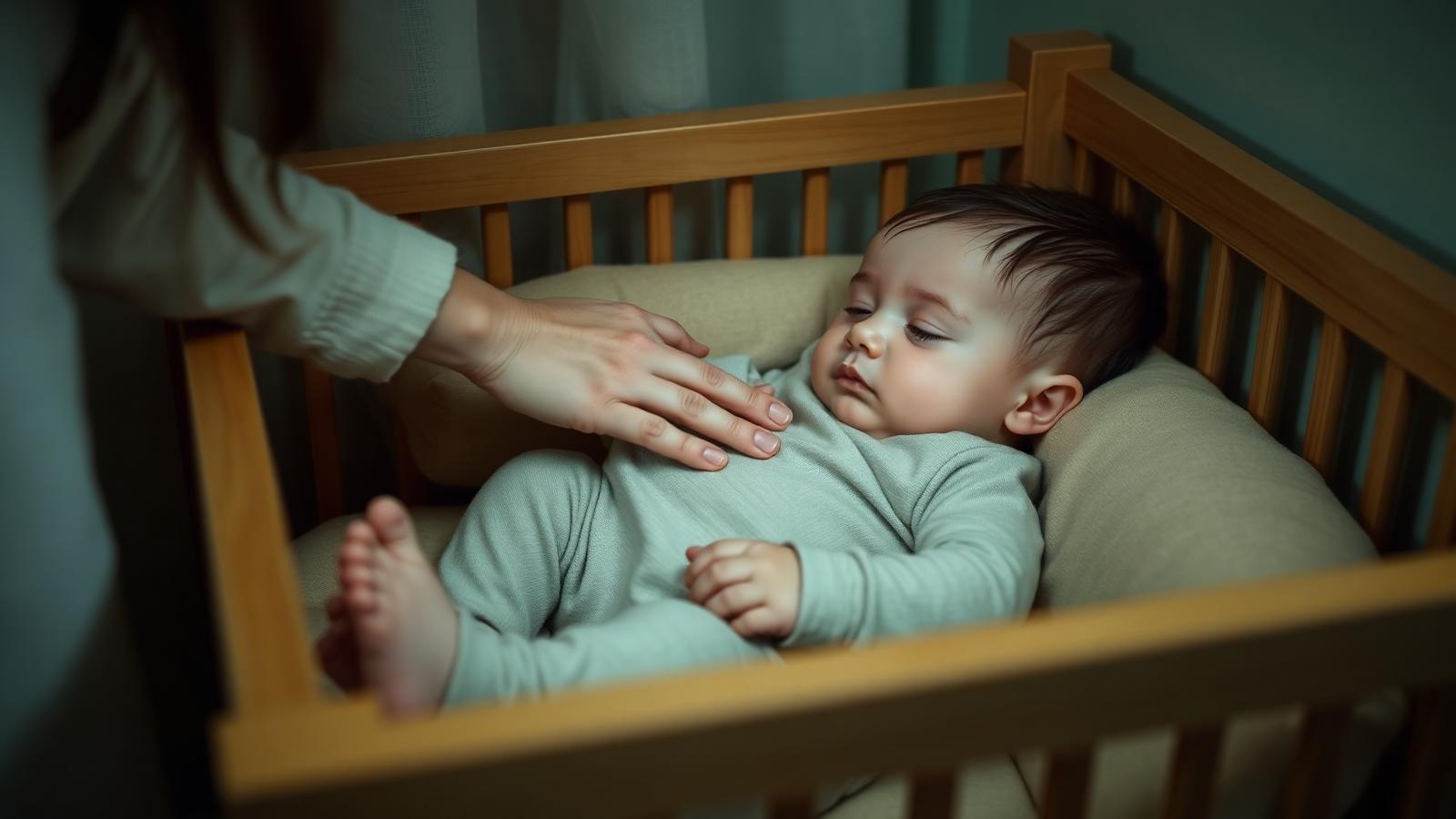 Genitore che appoggia una mano rassicurante su un bambino sveglio nel lettino, luce notturna calda e soffusa in una cameretta accogliente