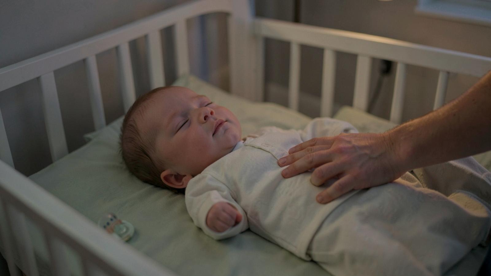 Bambino addormentato nel lettino con il ciuccio accanto, luce notturna calda e soffusa, cameretta accogliente dai toni neutri