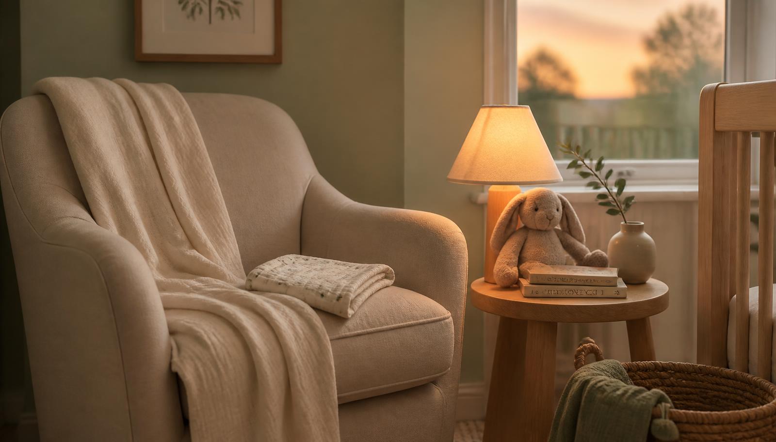 Angolo nanna con poltrona in lino chiaro, coperta in mussola, lampada dalla luce calda e lettino di legno al tramonto, in toni verde salvia e sabbia