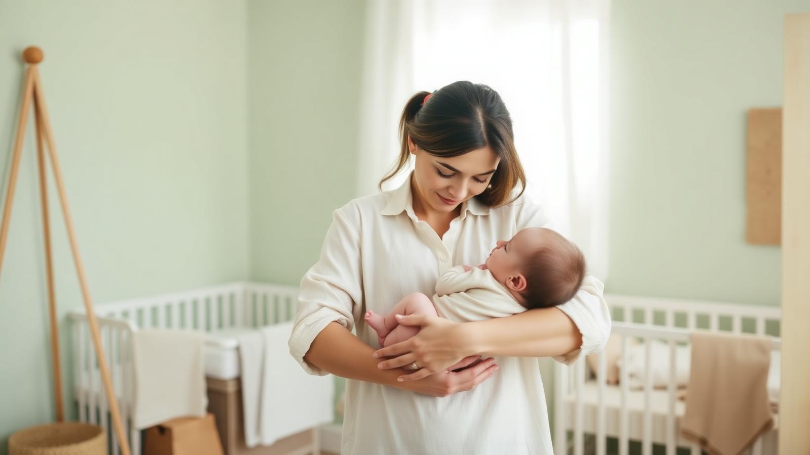 Mamma in camicia di lino chiaro tiene in braccio il suo neonato addormentato in una cameretta dai toni salvia e sabbia, luce naturale del mattino