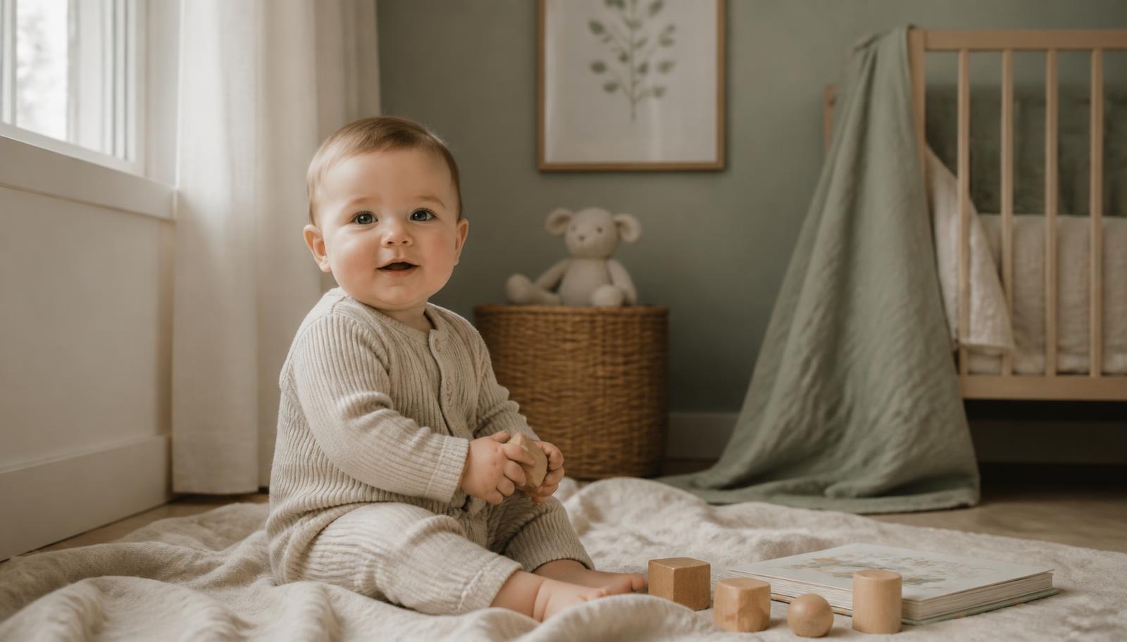 Bambino di circa 8 mesi seduto su una coperta di lino accanto alla finestra in una cameretta dai toni salvia e sabbia, luce naturale del mattino