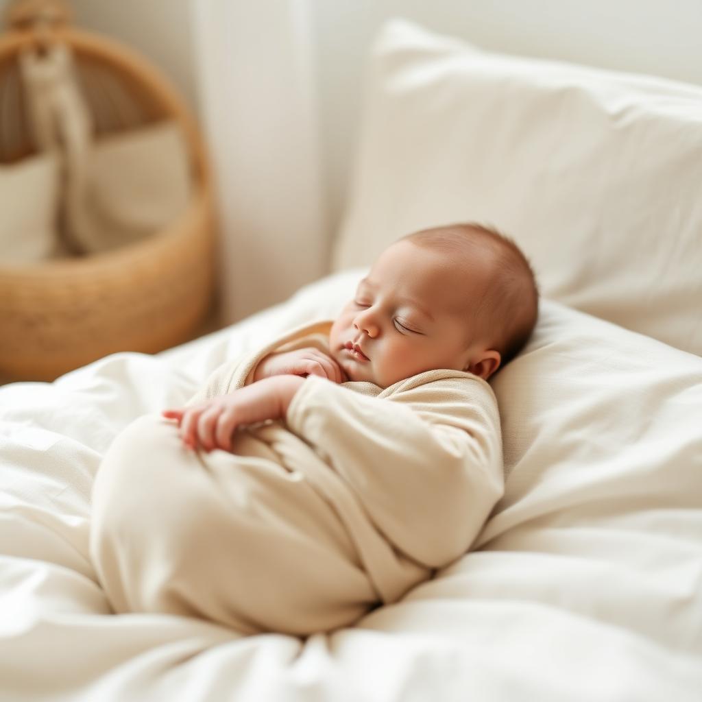 Neonato che dorme sereno avvolto in un morbido tessuto beige su lenzuola di lino chiare