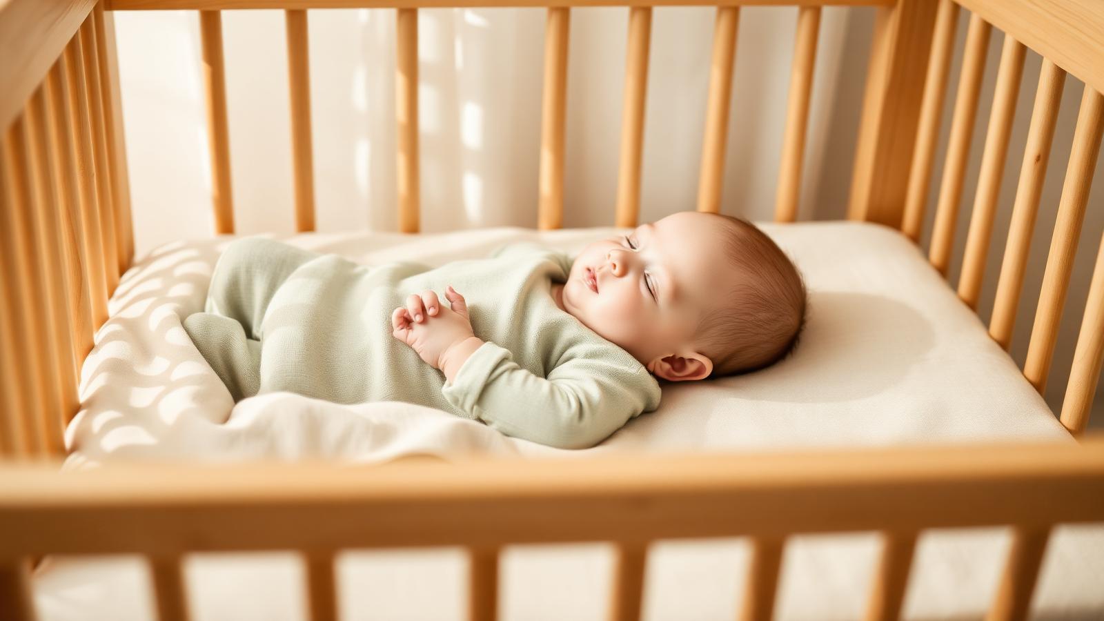 Neonato di quattro mesi che dorme sereno in un lettino di legno con lenzuola color sabbia e tutina verde salvia, luce naturale morbida