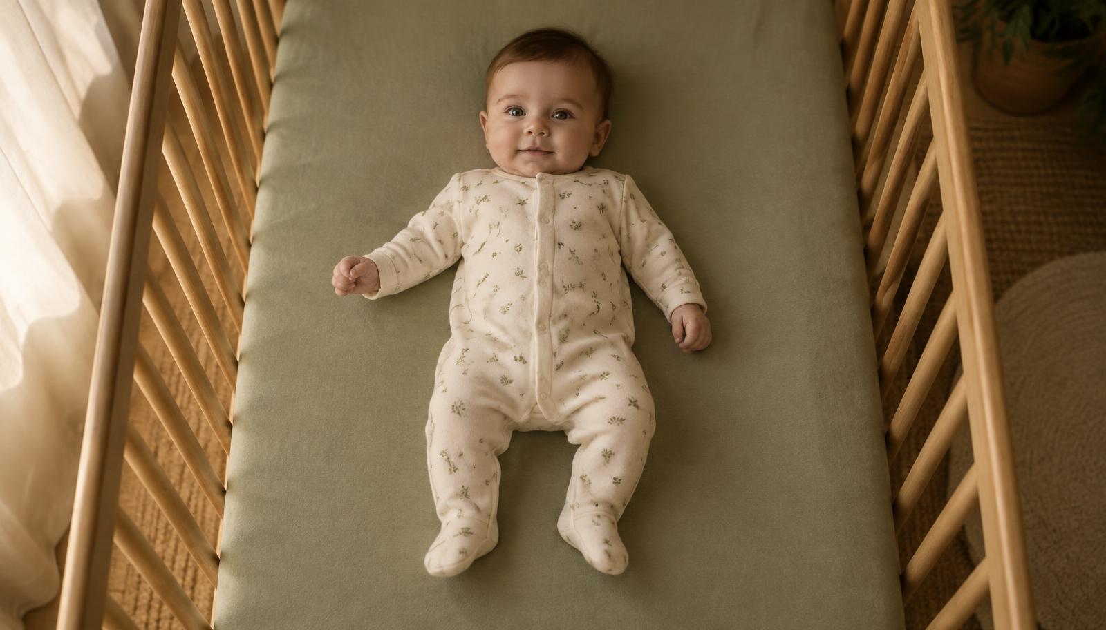 Bambino di 6 mesi sdraiato su una coperta salvia con la manina alzata, illuminato da luce naturale calda