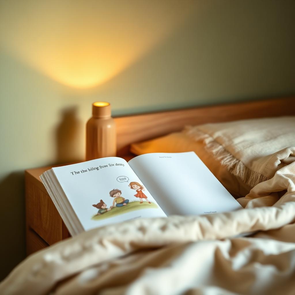Libro illustrato aperto su un comodino in legno con una piccola lampada dalla luce calda, camera dai toni sabbia e salvia