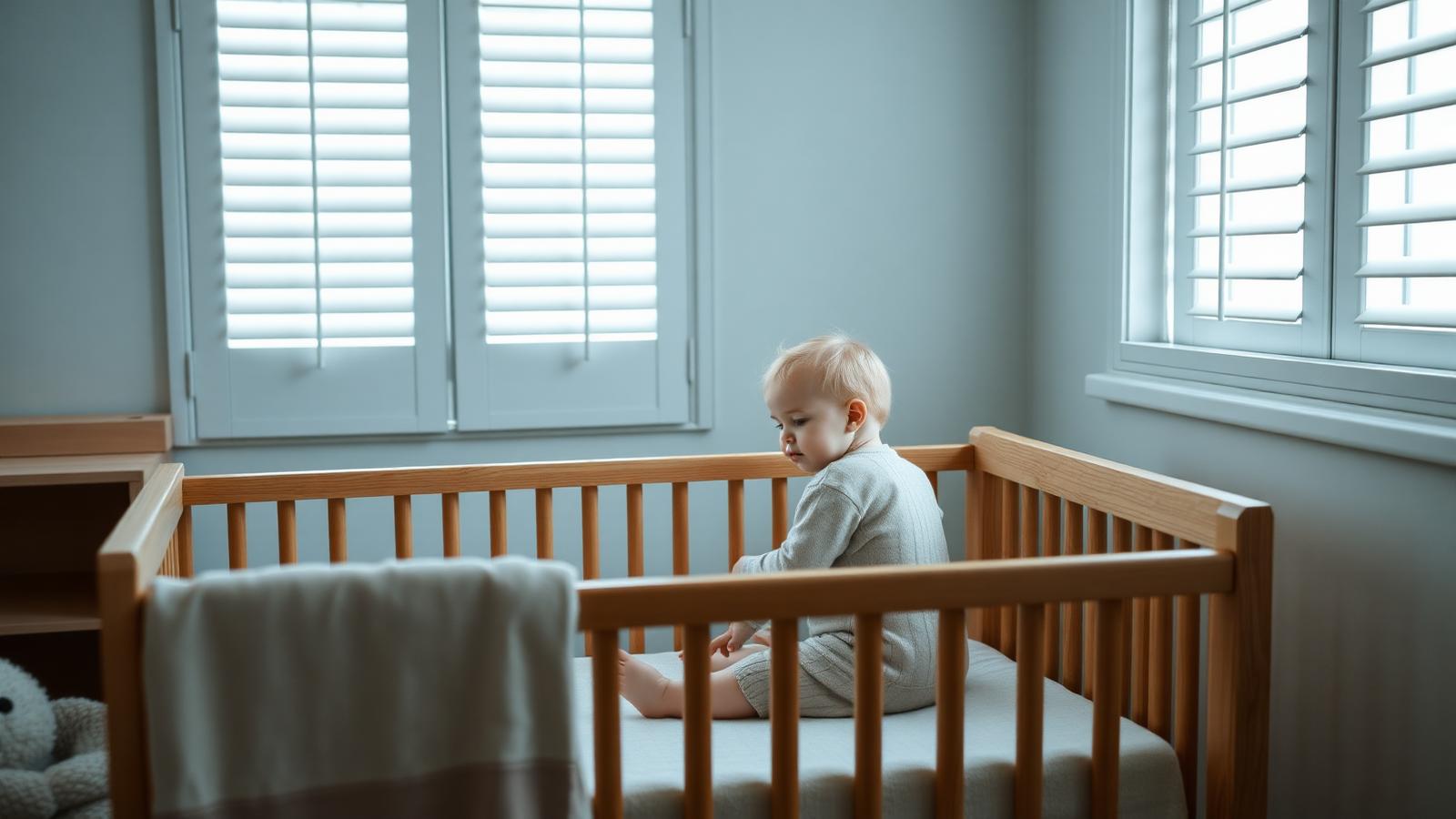 Bambino piccolo sveglio e seduto nel lettino di legno alle prime luci del mattino, cameretta dai toni chiari con tapparelle socchiuse