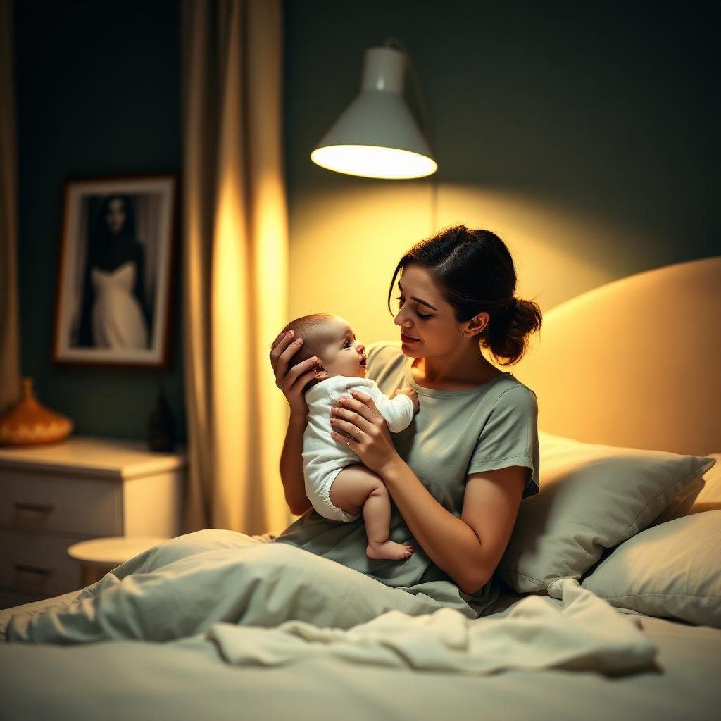 Mamma che culla il proprio bambino durante un risveglio notturno in una camera dai toni salvia e sabbia