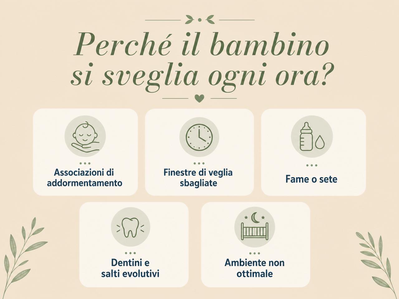Infografica: le 5 cause principali dei risvegli notturni ogni ora — associazioni di addormentamento, finestre di veglia sbagliate, fame o sete, dentini e salti evolutivi, ambiente non ottimale